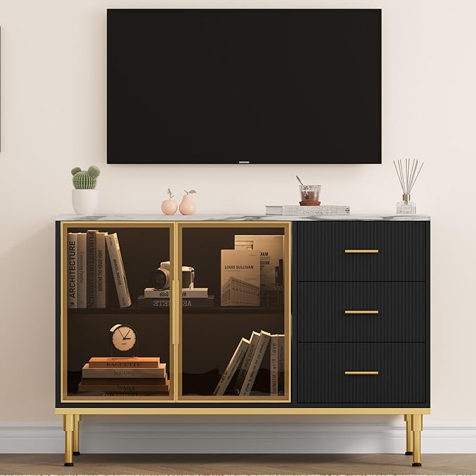 Buffet Sideboard Cabinet with Storage, 46.4" Large Fluted Kitchen Sideboard Cabinet with 2 Glass Doors 3 Drawers and Shelves, Faux Marble Top Buffet Table for Dining Room, Living Room, Black
