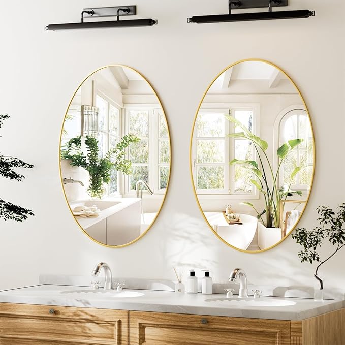 Koonmi Gold Oval Bathroom Mirror, 20"x28" Bathroom Vanity Mirror, Oval Mirror for Bedroom Living Room Entryway, Hangs Horizontal or Vertical