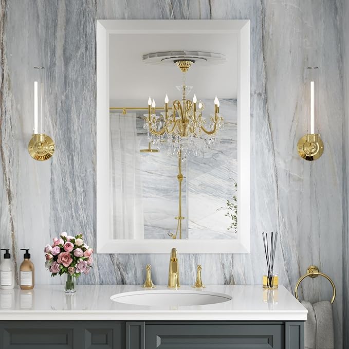 Amorho Bathroom Mirror, 24x36 Inch White Thick Metal Framed Wall Mirrors for Over Sink, Bedroom, Living Room, Entryway, Rectangle Wall-Mounted Mirrors(Horizontal/Vertical).
