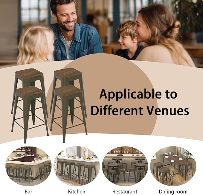 30 inch Backless Bar Stools Set of 4, Indoor Metal Bar Stools with Wood Seat, Industrial Counter Height Barstools for Kitchen Island, Rusty