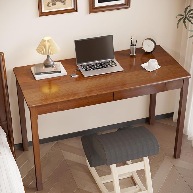 Solid Wood Desk with Drawers - 47 x 22 Inch Vintage Desks, Mid Century Modern Desks, Rubber Wood Study Table, Writing Desk with Drawers for Bedroom|Any Spaces - Walnut Color