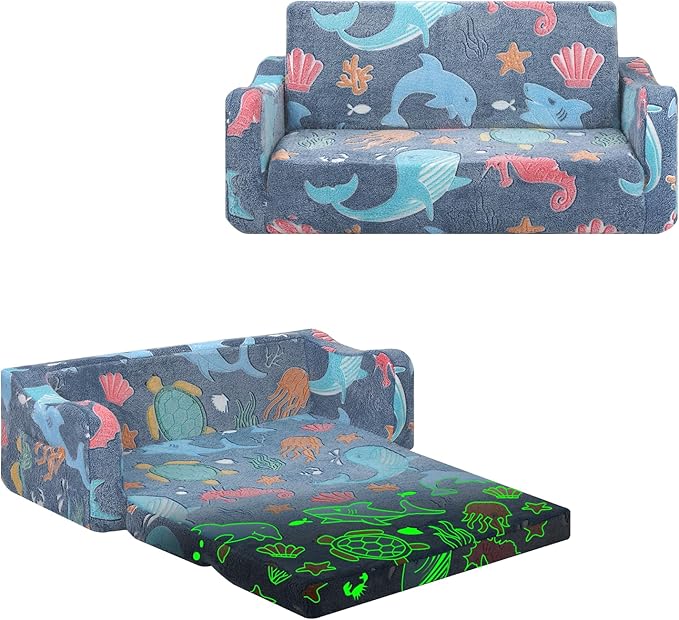 Kids Couch Extra Large,Glow in The Dark 2-in-1 Folding Kids Sofa Bed for Boys,2 Seats Convertible Sleeper Lounger Toddler Couch for Children Bedroom Playroom Nursery,Marine