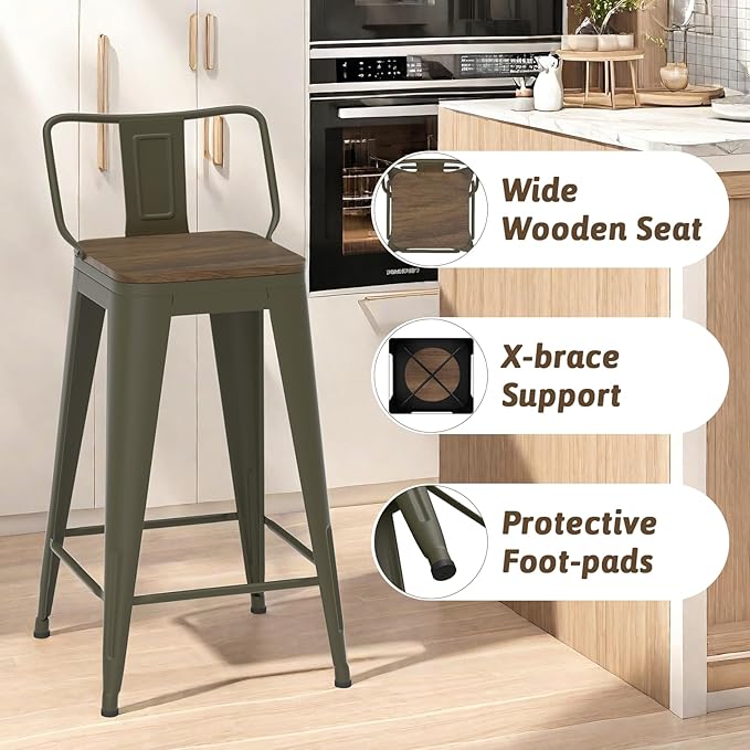 26 Inch Swivel Bar Stools Set of 4, Counter Height Bar Stools with Low Back, Metal Industrial Bar Chairs for Kitchen Island (Rusty)
