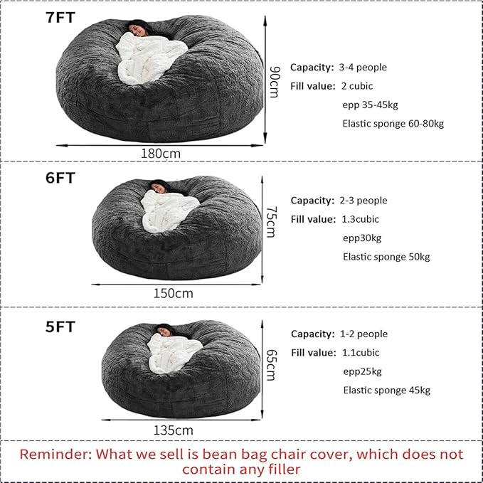 Bean Bag Chair for Adults Kids Without Filler Comfy Giant Round Lazy Sofa Chair Cover Floor Chair Cover for Bedroom Living Room, 7FT, Red Wine