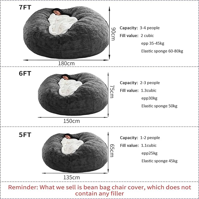 Bean Bag Chairs for Kids Comfy Fluffy Big Joe Bean Bag Chair Covers Only (No Filler) Round Sofa Chairs for Bedroom Living Room Decor, 5FT, Blue