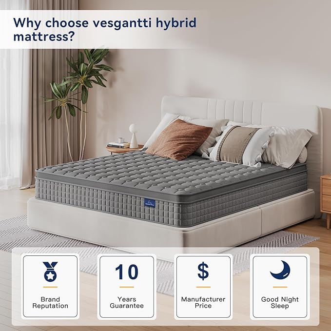 Vesgantti 10 Inch Multilayer Hybrid Cal King Mattress - Multiple Sizes & Styles Available, Ergonomic Design with Memory Foam and Pocket Spring, Medium Firm Feel, Grey