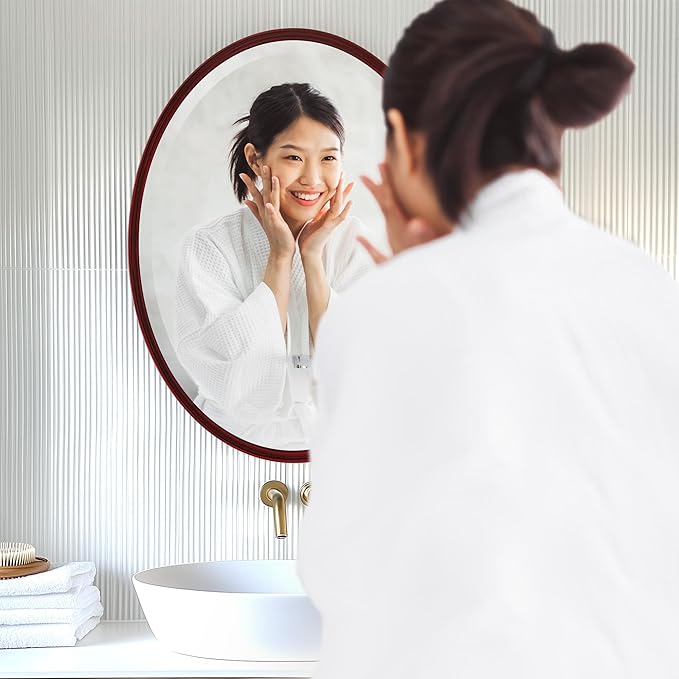 OVALCREST - Oval Wooden Beveled Wall Mirror for Home Decor, Bathroom, Vanity, Bedroom, Living Room, Hallway - London Style (Black Cherry) 21.1 x 25.1