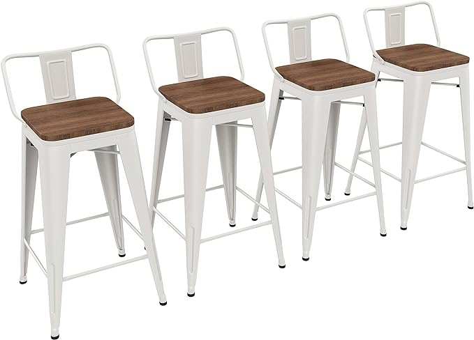 Yongchuang 26 inch Bar Stools Set of 4 Kitchen Counter Height Chairs with Wood Seat Industrial Low Back Metal Barstools Cream White