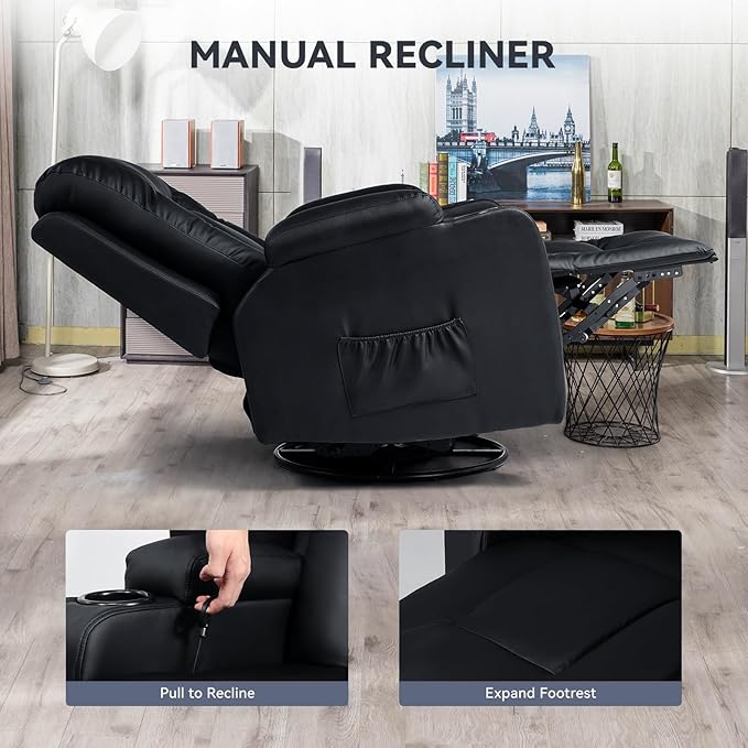 COMHOMA Living Room Furniture Set,Bonded Leather Loveseat Sofa with Cup Holder Recliner Chair,Black