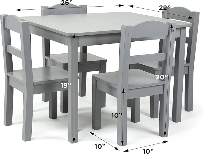 Humble Crew Kids Wooden Table and 4 Chairs Set, Grey - Kids Table and Chair Set for Toddlers and Children for Arts, Crafts, and Snack Time - Sturdy, Durable Toddler Activity Table