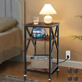 TooCust 3 Tier End Table with Charging Station, 16" W x 12" D x 28" H, Metal and Brown Bedside Table with USB Ports and Outlets, X-Shaped Side Table with Wheels for Living Room, Bedroom, Kitchen