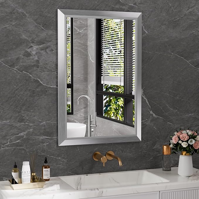 Amorho 24x36 Inch Bathroom Mirror Silver, Thick Metal Framed Wall Mirrors for Over Sink, Brushed Nickel Mirror Perfect for Bedroom, Living Room, Entryway, Rectangle (Horizontal/Vertical).
