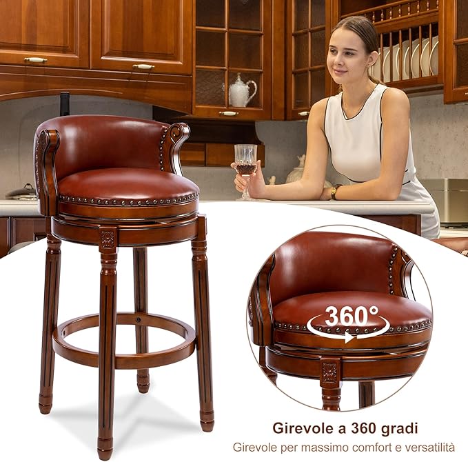 Cow top Leather Wooden Bar Stools, 29.5" Bar Height Bar Chair with Back, 180 Degrees Swivel Barstools Chair for Home Kitchen Counter,Dining Room, Restaurant,Study and Pub,1pc (Brown)