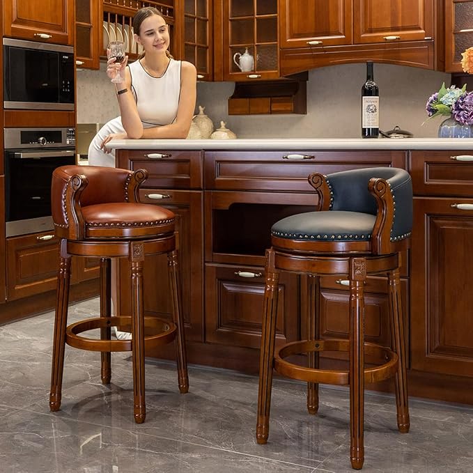 Cow top Leather Wooden Bar Stools, 29.5" Bar Height Bar Chair with Back, 180 Degrees Swivel Barstools Chair for Home Kitchen Counter,Dining Room, Restaurant,Study and Pub,1pc (Dark Blue)