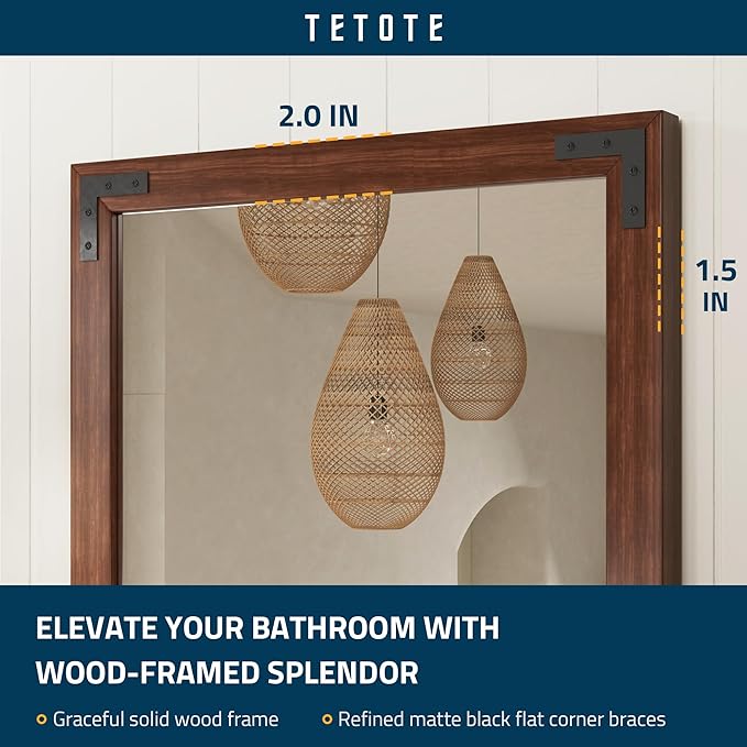 TETOTE 48 x 24 Walnut Wood Framed Mirror for Bathroom Wall/Bedroom/Living Room/Entryway Farmhouse Rustic Bathroom Vanity Mirror for Over Sink Waterproof (Horizontal/Vertical Mounted)