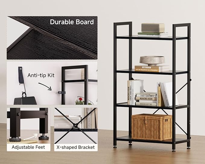 Casaottima Book Shelf, 4 Tier Bookshelf, Modern Wood Bookcase Shelves for Bedroom, Industrial Display Shelf for Living Room Home Office Kitchen, Standing Shelving Unit Storage Organizer, Black