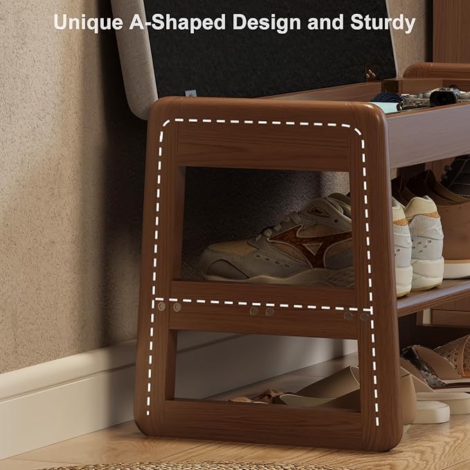 Small Shoe Bench with Cushion,2 Tiers Shoe Rack Bench with Flip-Top Storage,Wood Shoe Rack for Entryway（Walnut,23.62"）