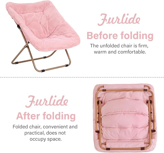Modern Pink Faux Fur Foldable Metal Frame Recliner Chair for Bedroom, Living Room, Balcony