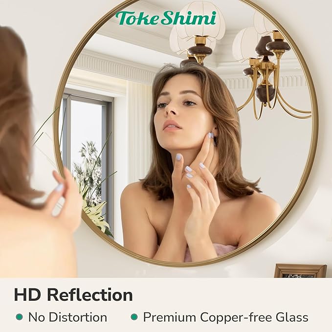 TokeShimi 24x24 Vintage Round Mirror with Metal Frame,Antique Round Gold Mirror for Wall,Bedroom,Fireplace,Baroque Vanity Mirror Wall-Mounted French Cleat Mounting