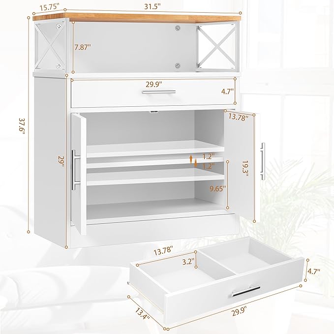 Shintenchi Kitchen Buffet Cabinet with Adjustable Shelf, Modern Kitchen Storage Cabinet,Farmhouse Coffee Bar Cabinet（White）