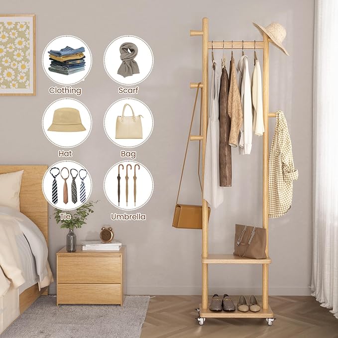 Coat Rack Freestanding Clothing Rack with Wheels & 2 Shelves Storage & 5 Hooks Heavy Duty Clothes Rack Wood Coat Tree Stand Hat Hanger Rack for Corner Bedroom Entryway Living Room Hotel