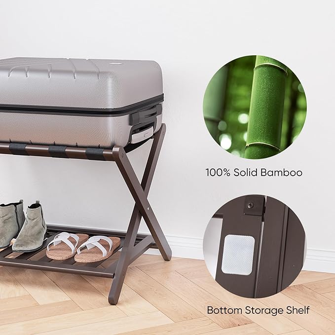 Fully Assembled Bamboo Luggage Rack, Folding Suitcase Stand with 5 Nylon Straps, Luggage Holders with Shelf, Ideal for Guest Room, Bedroom, Hotel, Espresso