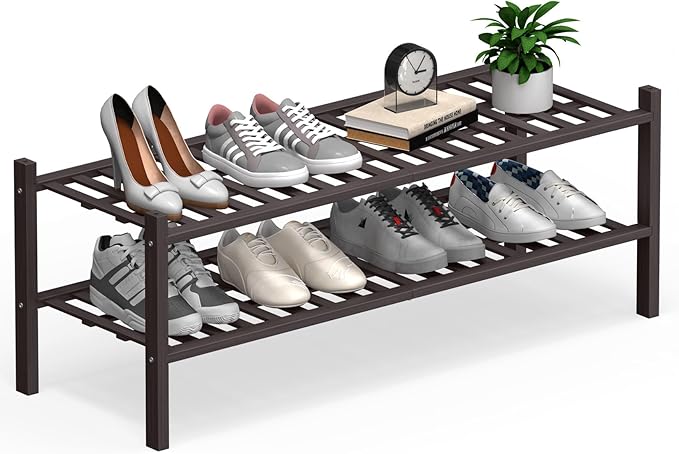 Haddockway Long 2 Tier Bamboo Shoe Rack Storage Organizer, Multifunctional Free Standing Stackable Shoe Shelf with Grid Panel for Closet,Hallway,Entryway,Small Space 34.2"x11"x13"(Brown, 2-Tier(Long))