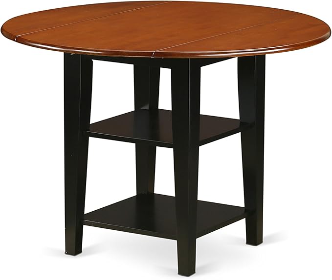 East West Furniture SUPF5-BCH-C 5 Piece Kitchen Table & Chairs Set Includes a Round Dining Table with Dropleaf & Shelves and 4 Linen Fabric Dining Room Chairs, 42x42 Inch, Black & Cherry