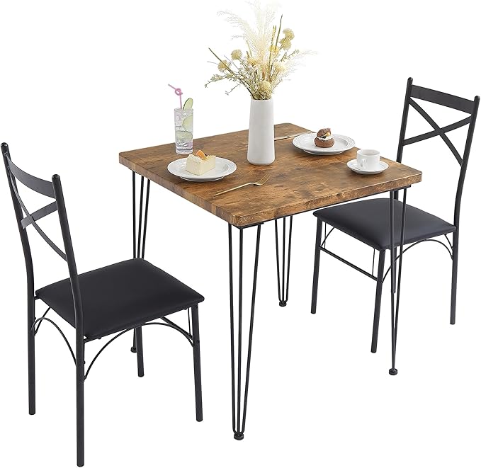 VECELO 3-Piece Dining Room Kitchen Table and Pu Cushion Chair Sets for Small Space, 2, Classic Brown,Dining Set for 2