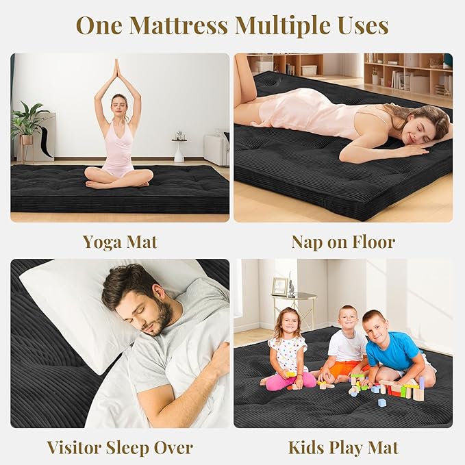 Japanese Floor Mattress, 4" Thicken Futon Mattress Queen Size Sleeping Pad, Corduroy Foldable Mattress Pad Roll Up Tatami Mat Floor Mattress for Adults（Black）
