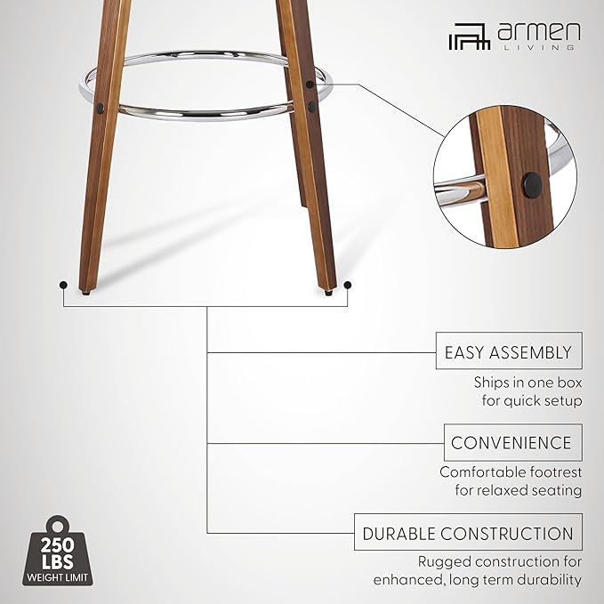 Armen Living Sonia 30" Bar Height Swivel Cream Faux Leather and Walnut Wood Bar Stool - Set of 2