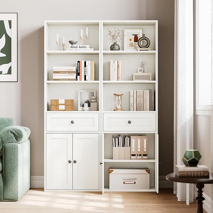 Casaottima Bookshelf and Bookcase with Doors and Drawer, Floor Standing 6-Tier Shelf Display Storage Shelves, Tall Bookcases for Home Office, Living Room, White