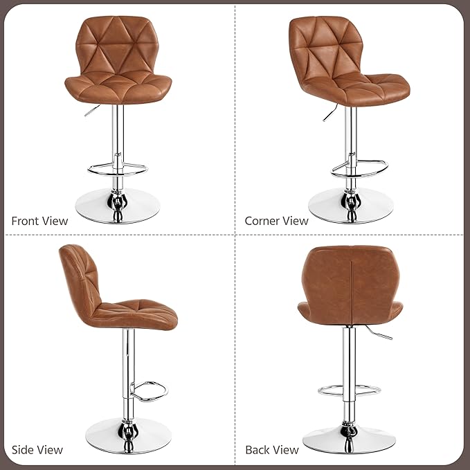 Yaheetech Bar Stools Set of 4, Adjustable PU Leather Swivel Barstools, Modern Counter Stools with Back and Footrest, Counter Height Barstools for Bar, Kitchen, Dining Room, Retro Brown
