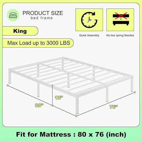 12 Inch White King Size Bed Frame, Heavy Duty King Size Platform Bed Frame, Mattress Foundation, No Box Spring Needed, Easy Assembly, Noise-Free