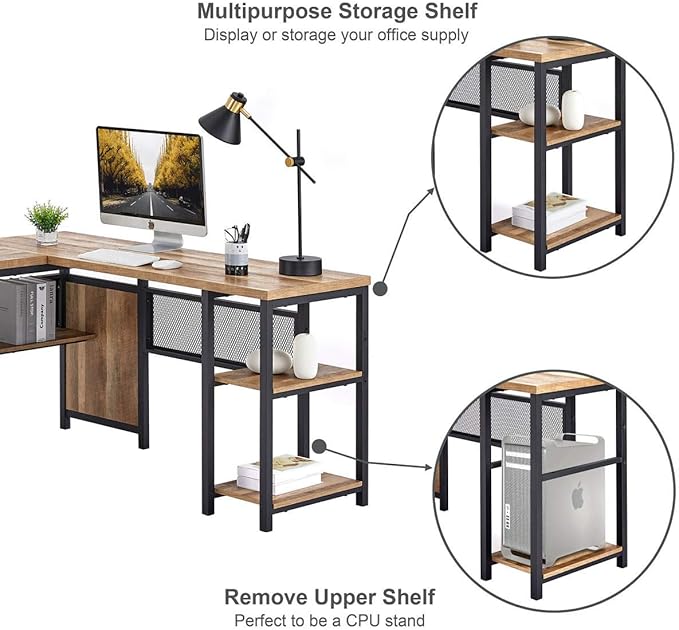 FATORRI L Shaped Computer Desk with Wood Shelves, Industrial Rustic Home Office Corner Desk with Metal Legs (Rustic Oak, 59 Inch)