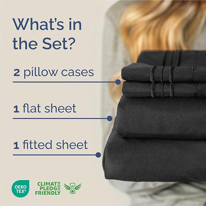 Full Size 4 Piece Sheet Set - Comfy Breathable & Cooling Bed Sheets Set - Hotel Luxury Bedding for Women, Men, Kids, Teens, Boys & Girls - Deep Pockets, Ultra-Soft and Wrinkle Free - Oeko-Tex - Black
