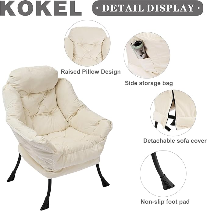 Lazy Chair with Folding Ottoman,Living Room Chairs, Accent Contemporary Lounge Chair, Single Steel Frame Leisure Sofa Chair with Armrests and A Side Pocket (White)