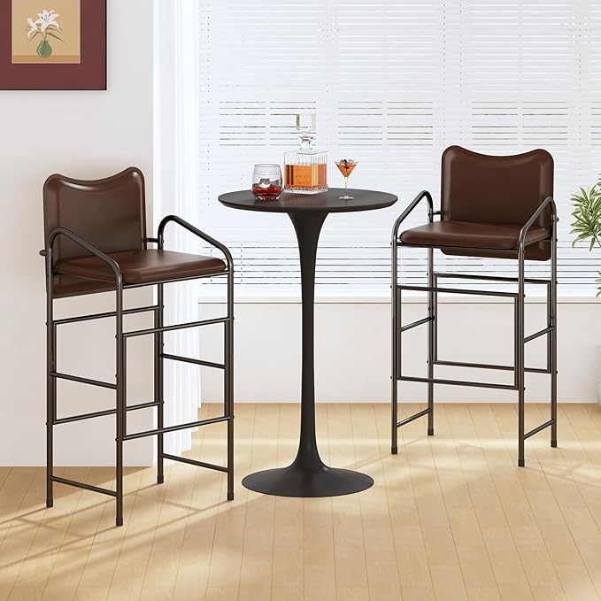 GILLAS Set of 2 Bar Stools with Backrest and Armrest, 36.2" PU Leather Counter Height Stools, Industrial Bar Chairs for Kitchen Island, Home Bar, Brown