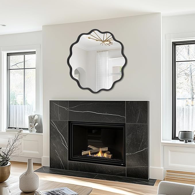 PROHOMEWARE Black Round Mirror 28 Inch Wavy Bathroom Vanity Mirror Gold Frame Modern Wall Mirror Decorative Wall-Mounte Anti-Rust, Tempered Glass