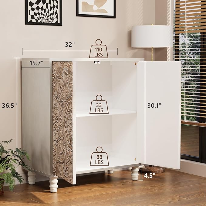 COSIEST Set of 3 32" Accent Storage Cabinets, Vintage Lotus Pattern Sideboards with Push-to-Open Doors, Carved Wood Buffet Table for Entryway, Kitchen, Living Room, Gray