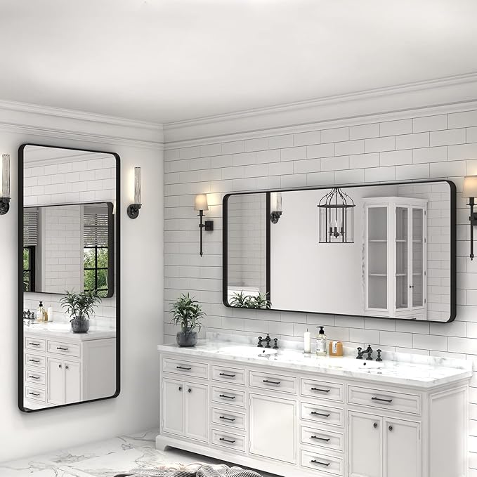 60x28 Black Framed Bathroom Mirror, Large Matte Black Bathroom Vanity Mirror for Wall, Rounded Rectangle Bathroom Mirror, Shatterproof (Horizontally/Vertically)