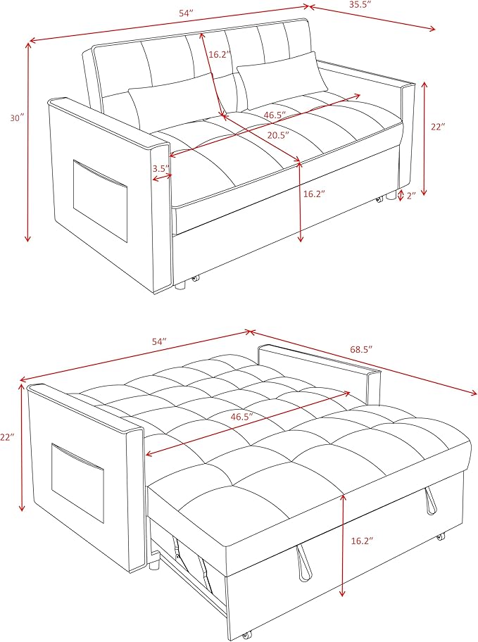 3 in1 Sofa Bed, Pull-Out Sleeper Sofa Bed with 3-Level Adjustable Backrest, Velvet Fabric Convertible Love Seat Sleepers Beds for Living Room & Bedroom & Apartment, Grey
