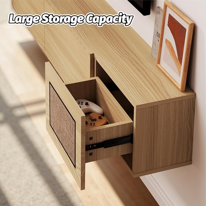Pmnianhua Boho Floating TV Stand 94", Modern Wall Mounted Media Console with Cotton-Rayon Doors for Under TV Shelf,Entertainment Center,Living Room,Bedroom(Natural)