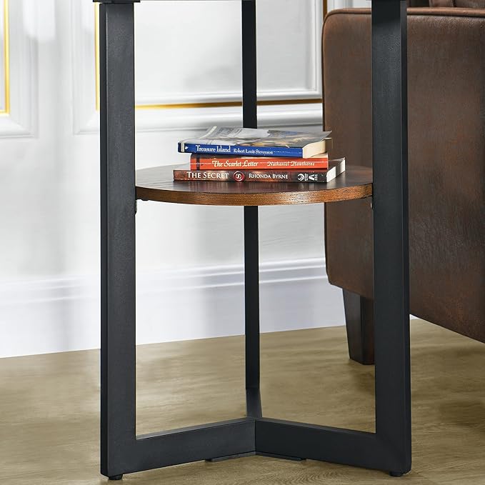 MODERION Small Round End Table with Storage Shelf, Circular Solid Wood Sofa Side Metal Leg, 2-Tier Telephone Table, Nightstand, 24''H x 19.3''D for Living Room Bedroom Entryway Rustic Brown BZ1338NC