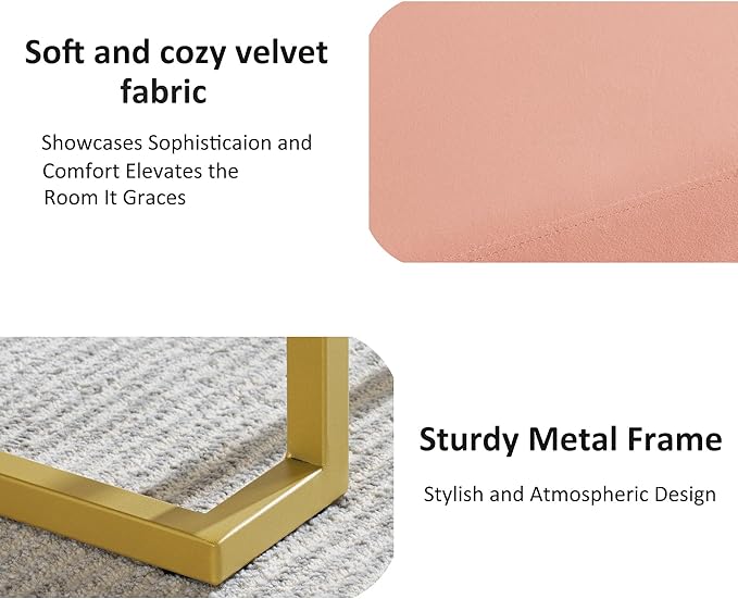 Modern Style Bedroom Single Seat Bench, Cushioned Bed end Stool, Living Room Sofa Stool, Footstool with Golden Iron Legs, Suitable for Bedroom and Living Room (Pink, 21.65"x15.74"X16.53")