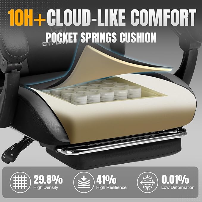 GTRACING Gaming Chair with Foot Rest & Pocket Spring Cushion, Ergonomic High Back Computer Chair with Headrest & 360°-Swivel Seat for Home Office Desk, PU Leather, Dark Gray