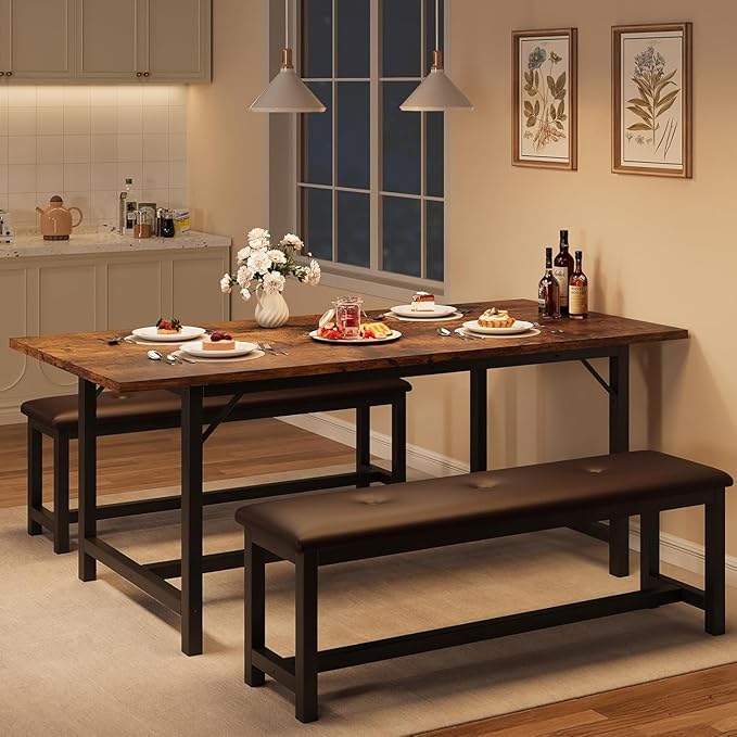 GarveeHome Dining Table Set for 4-6, 63" Extendable Wood Dining Room Table with Corner Protector & 2 Upholstered Benches, Kitchen Table Set for Apartment, Small Space, Easy Assembly, Retro Brown