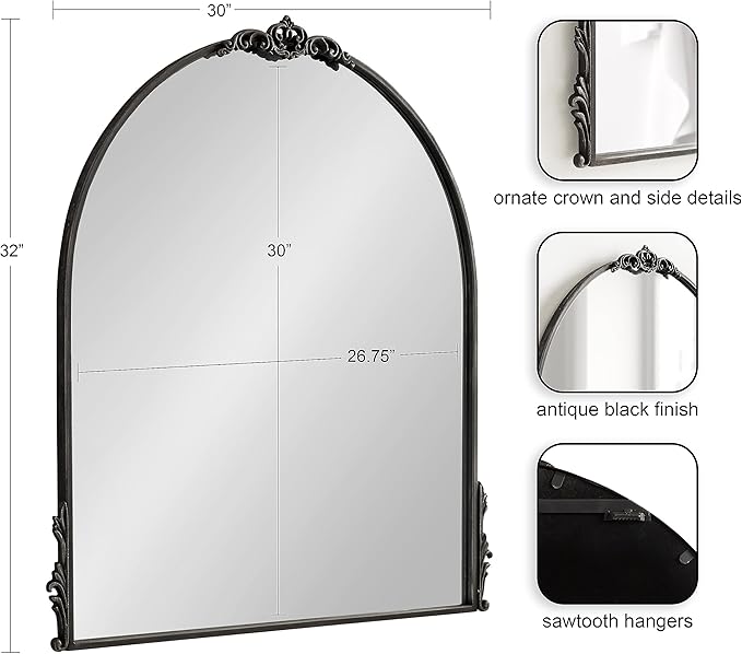 Kate and Laurel Myrcelle Traditional Arched Mirror; 30 x 32; Black; Decorative Large Arch Mirror with Ornate Garland Detailing Along The Crown and Edges of The Frame