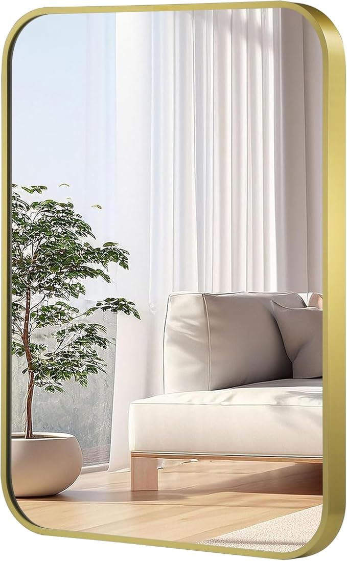 16x20 Inch Gold Mirror, Framed Rectangle Mirror with Rounded Corner, Brushed Brass Mirror, Gold Bathroom Mirror for Over Sink, Vanity, Living Room, Bedroom, Horizontal/Vertical