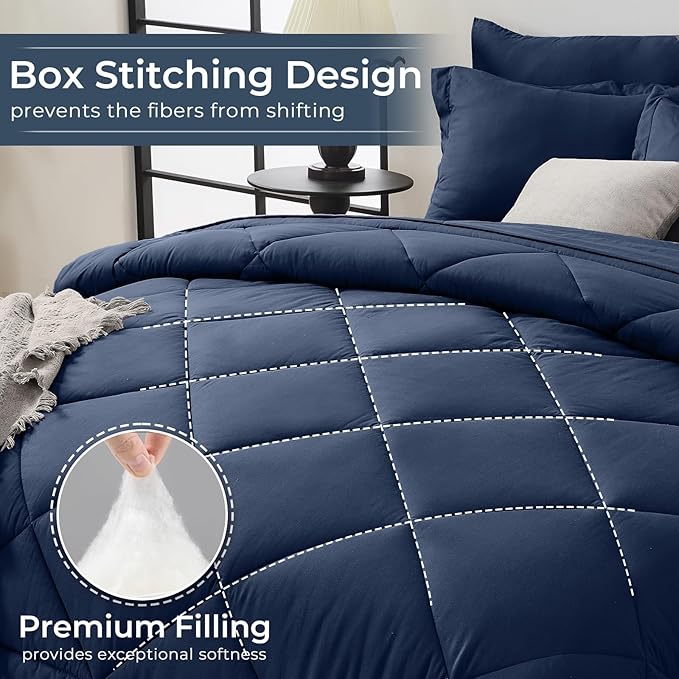 HEVUMYI Navy Blue Cali-King Comforter Set - 7-Piece All Season Bed in a Bag Cali-King, Ultra Soft Bedding Set with Comforter, Flat Sheet, Fitted Sheet, Pillowcases, Pillow Shams, Navy Blue
